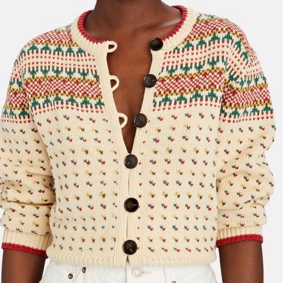 The Great. Vintage Ornament Button Down Cardigan in Cream Green and Red Size 0 - Picture 5 of 15